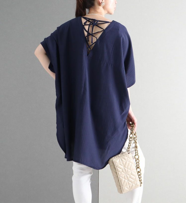 大きいサイズ レディース バックレースアップＶネックチュニック　bai-0066