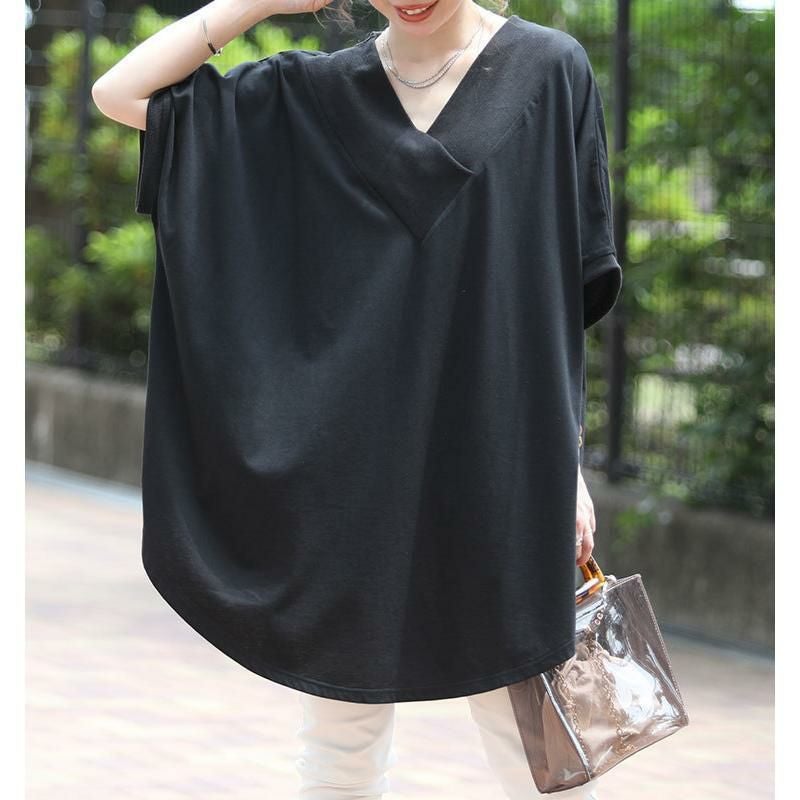 大きいサイズ レディース 太リブＶネックオーバーチュニック　bai-0062 ブラック