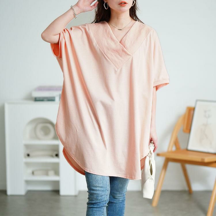 大きいサイズ レディース 太リブＶネックオーバーチュニック　bai-0062 ピンク