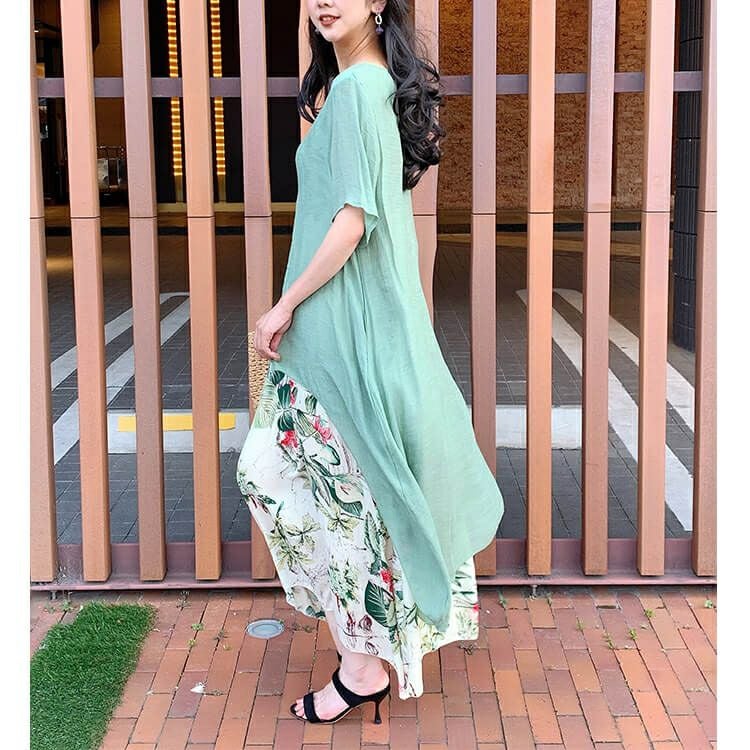 大きいサイズ レディース フェイクレイヤードロングワンピース　goldy-690