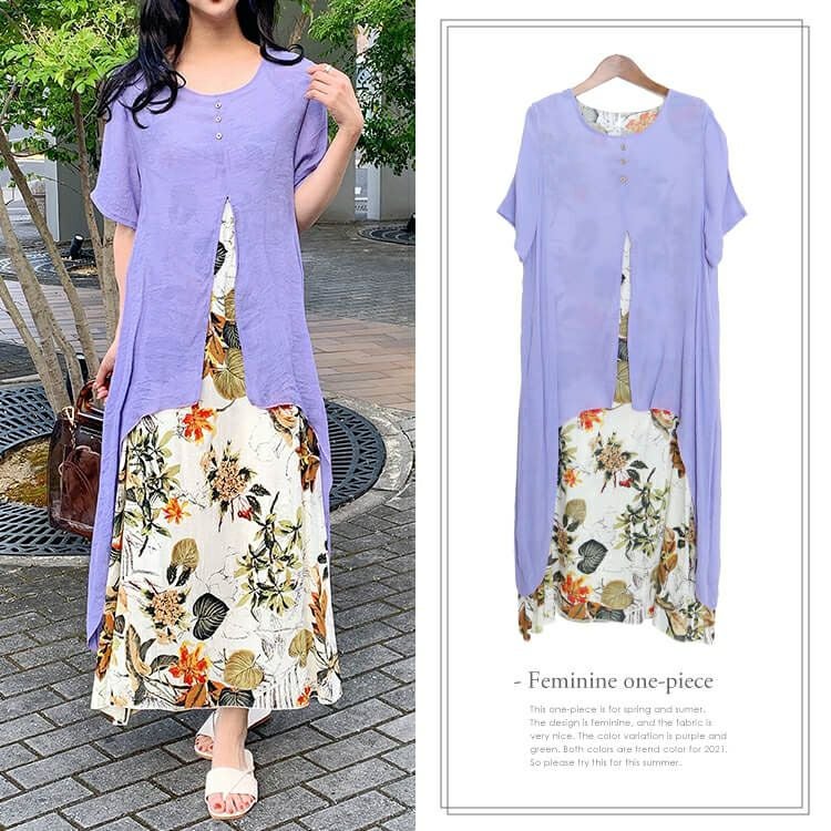 大きいサイズ レディース フェイクレイヤードロングワンピース　goldy-690