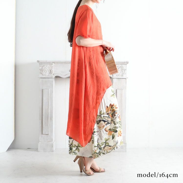 大きいサイズ レディース フェイクレイヤードロングワンピース　goldy-690