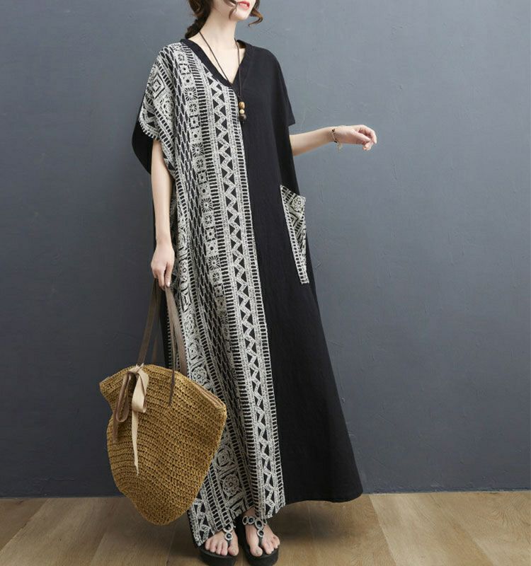 大きいサイズ レディース エスニック柄切替えVネックワンピース　goldy-729 【メール便可】