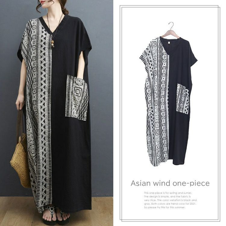 大きいサイズ レディース エスニック柄切替えVネックワンピース　goldy-729 【メール便可】