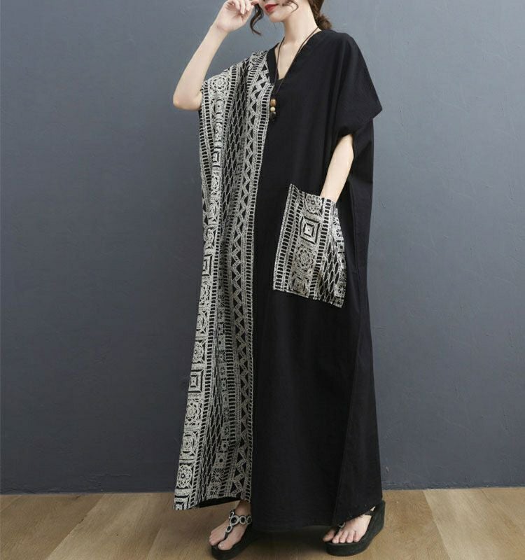 大きいサイズ レディース エスニック柄切替えVネックワンピース　goldy-729 【メール便可】