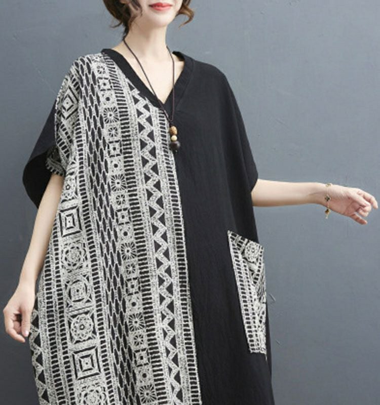 大きいサイズ レディース エスニック柄切替えVネックワンピース　goldy-729 【メール便可】