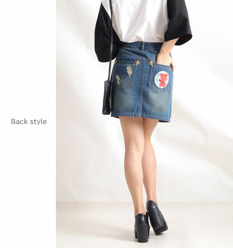 大きいサイズ レディース ワッペン付き台形デニムスカート　tkb-0003