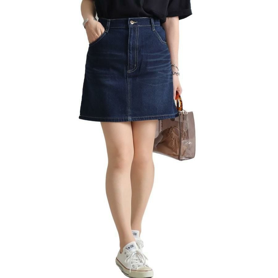 大きいサイズ レディース ワッペン付き台形デニムスカート　tkb-0003 ネイビー