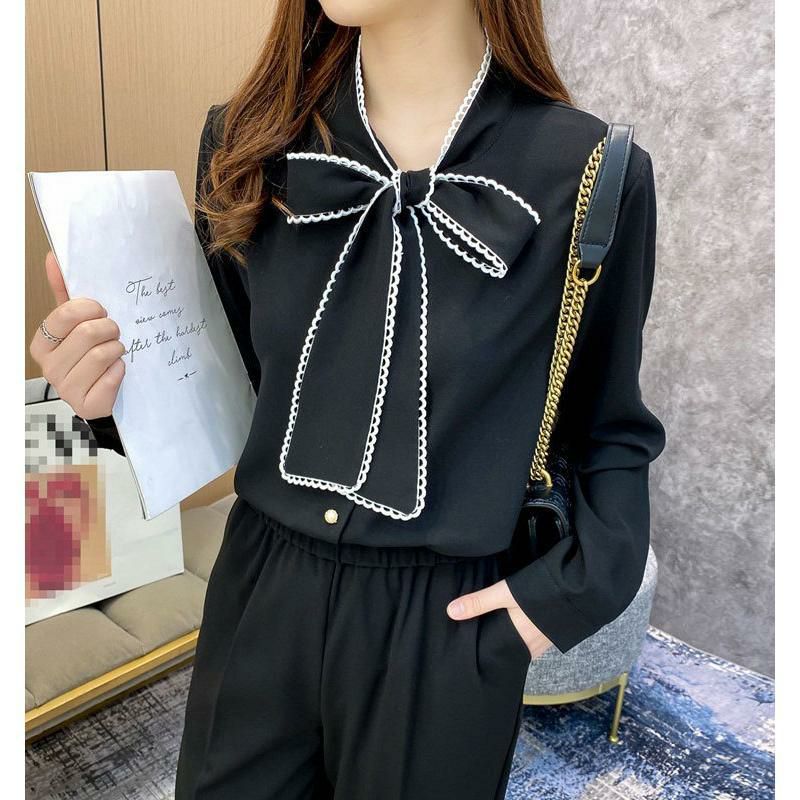 大きいサイズ レディース 首元リボンフリルブラウス　goldy-756 ブラック