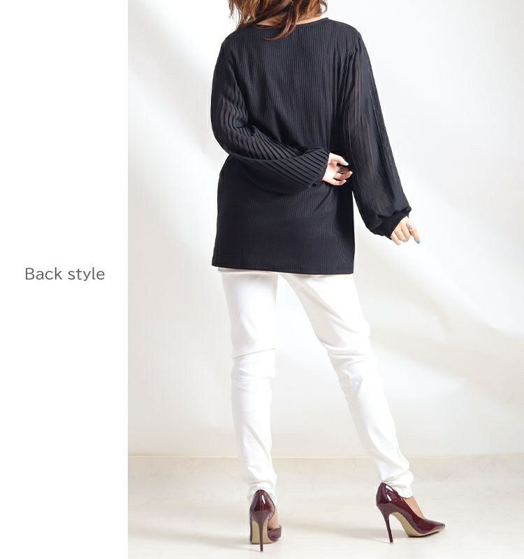 大きいサイズ レディース 袖シフォンプリーツリブニットシャツ　mncut-112430