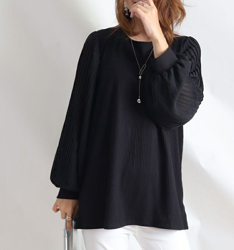 大きいサイズ レディース 袖シフォンプリーツリブニットシャツ　mncut-112430