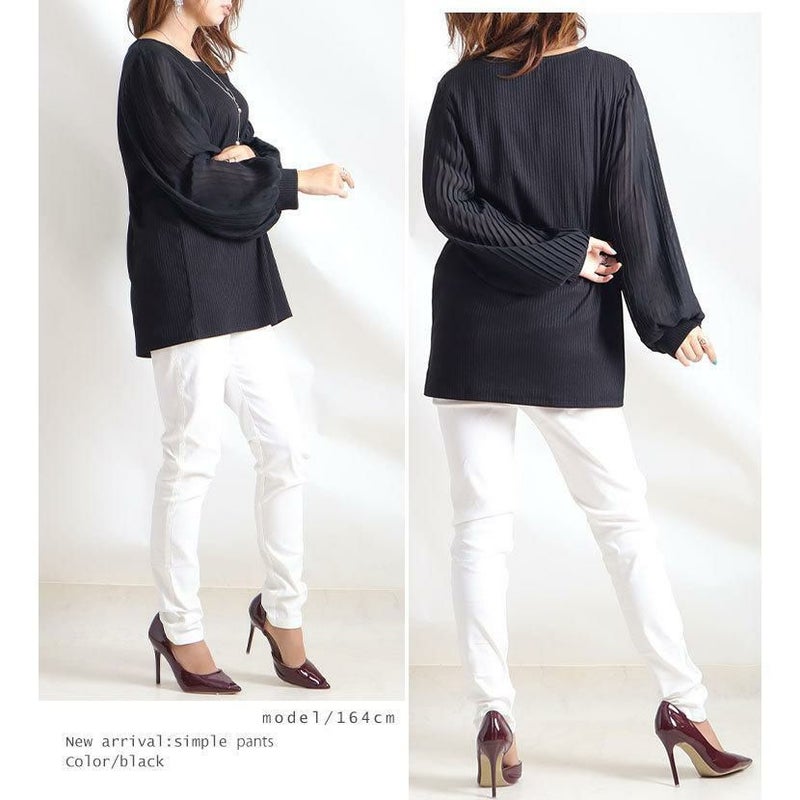 大きいサイズ レディース 袖シフォンプリーツリブニットシャツ　mncut-112430 ブラック