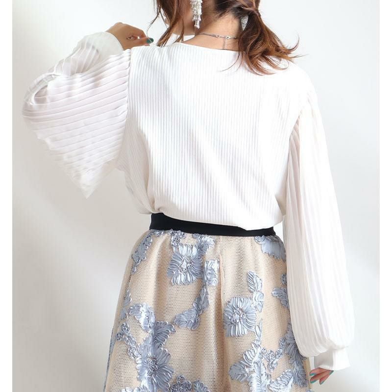 大きいサイズ レディース 袖シフォンプリーツリブニットシャツ　mncut-112430 オフホワイト