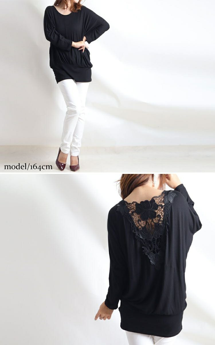 大きいサイズ レディース バックレースドルマン袖チュニック　gold857