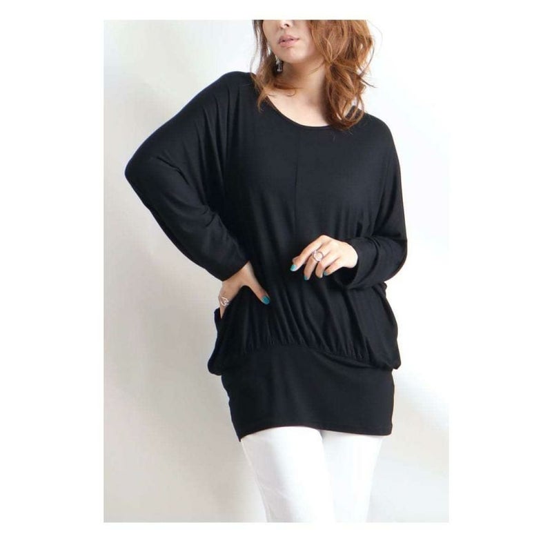 大きいサイズ レディース バックレースドルマン袖チュニック　gold857 ブラック