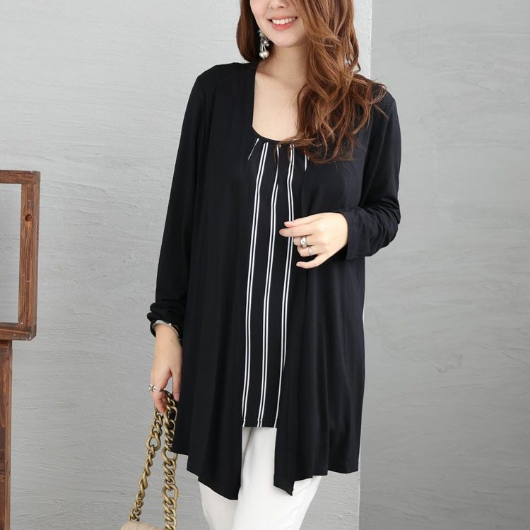 大きいサイズ レディース ストライプ柄フェイクレイヤードトップス　jp376