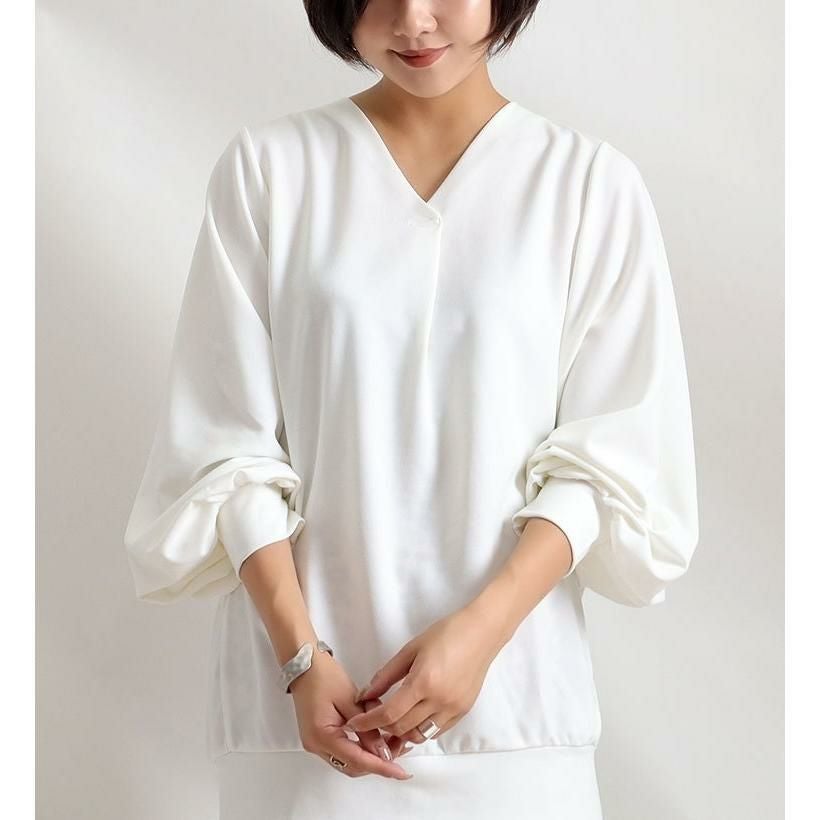 大きいサイズ レディース ボリューム袖Vネックカットソー　mncut-112447 オフホワイト