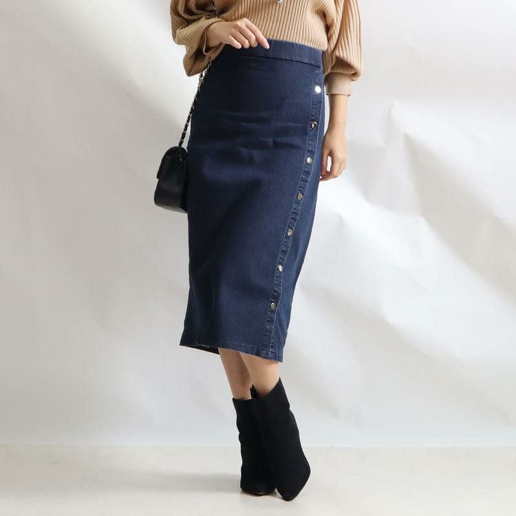 大きいサイズ レディース サイドボタンタイトスカート　jp377 デニム