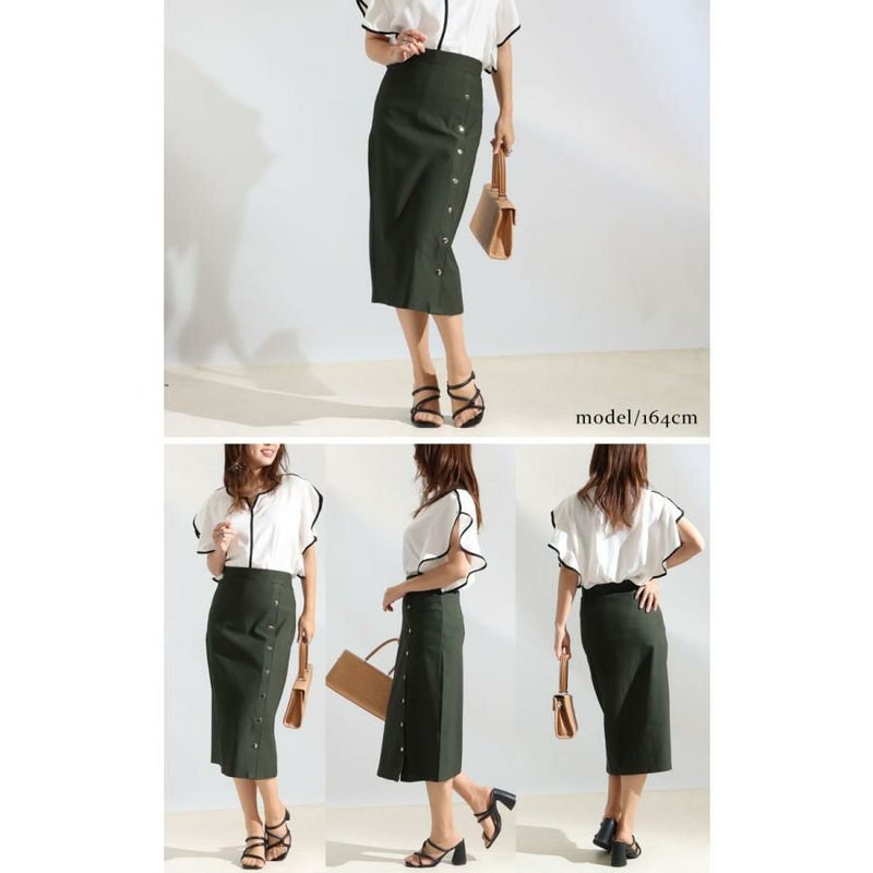 大きいサイズ レディース サイドボタンタイトスカート　jp377 カーキ