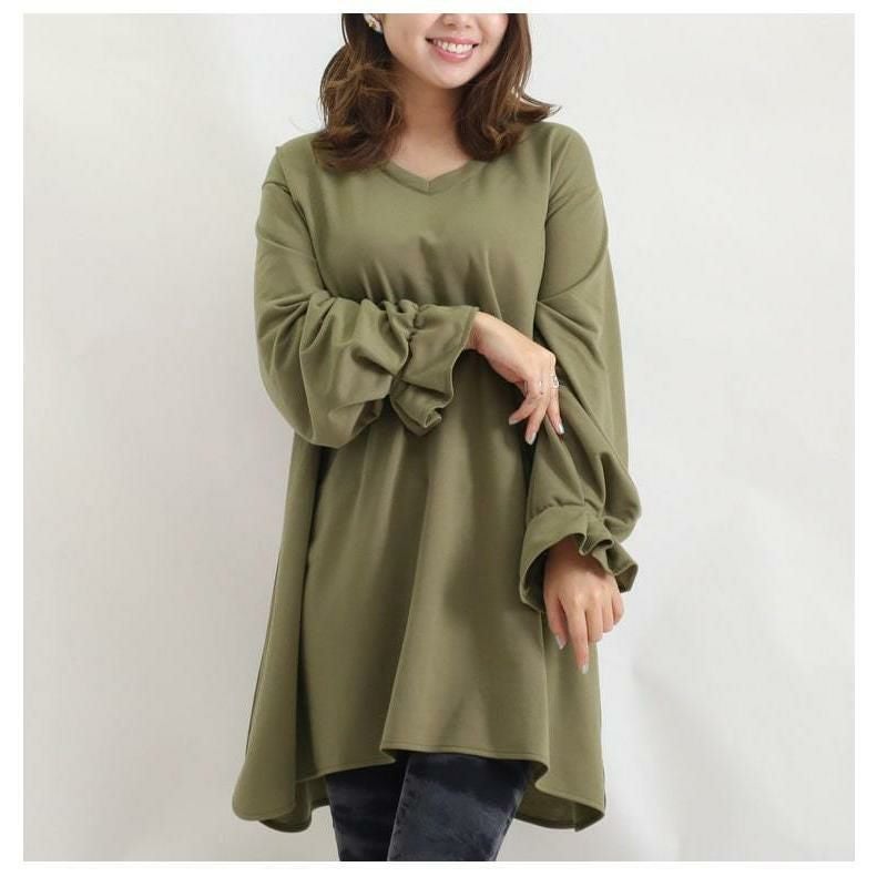 大きいサイズ レディース キャンディースリーブVネックカットソー　bai-0076 カーキ