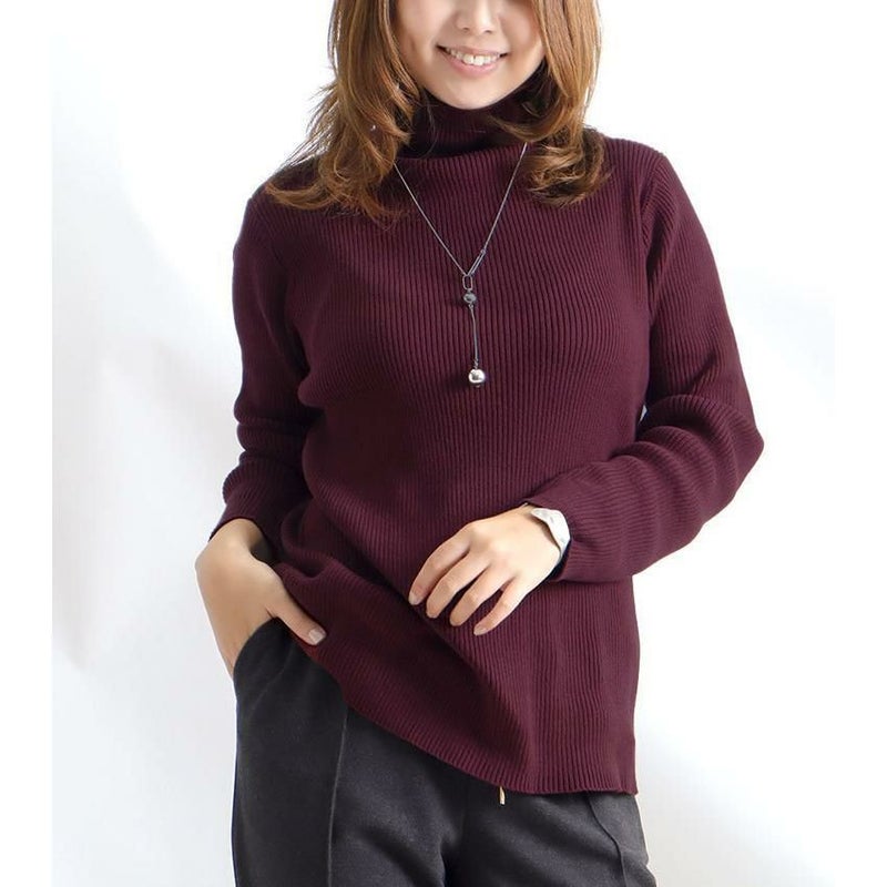 大きいサイズ レディース タートルネックリブニット　wn-0117 バーガンディ