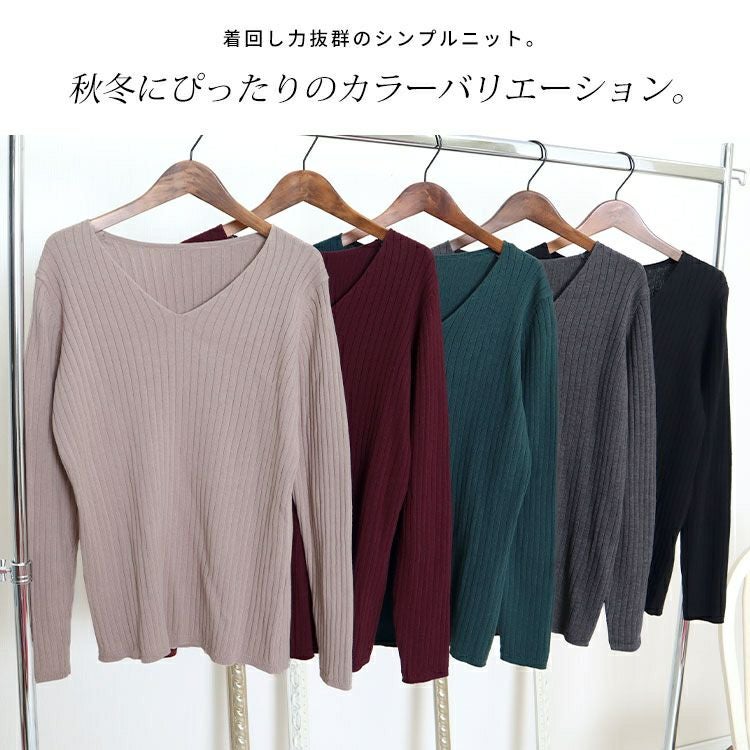 大きいサイズ レディース Vネックリブニット　wn-0114