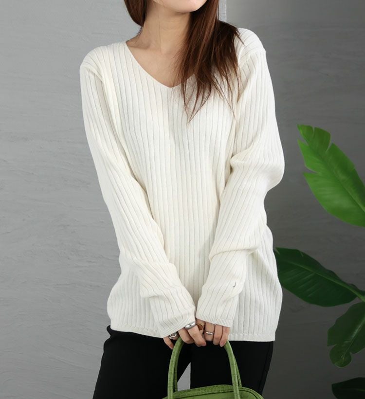 大きいサイズ レディース Vネックリブニット　wn-0114