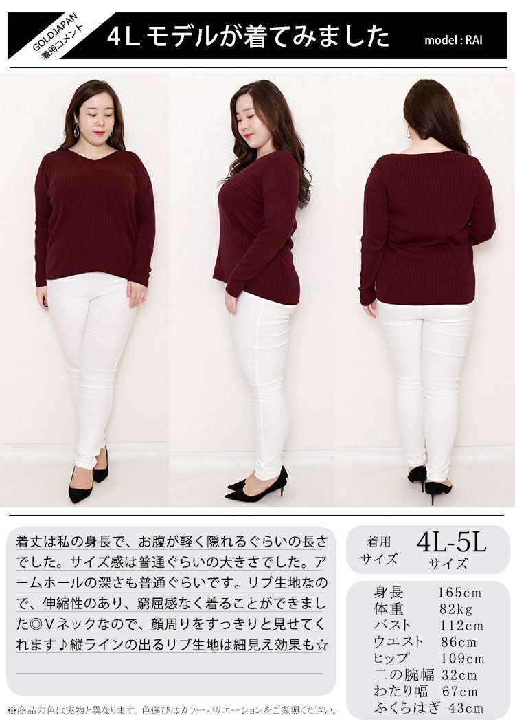 大きいサイズ レディース Vネックリブニット　wn-0114