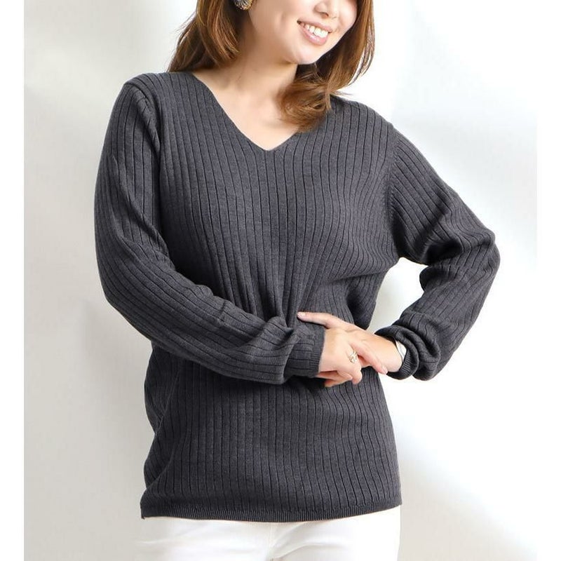 大きいサイズ レディース Vネックリブニット　wn-0114 杢グレー