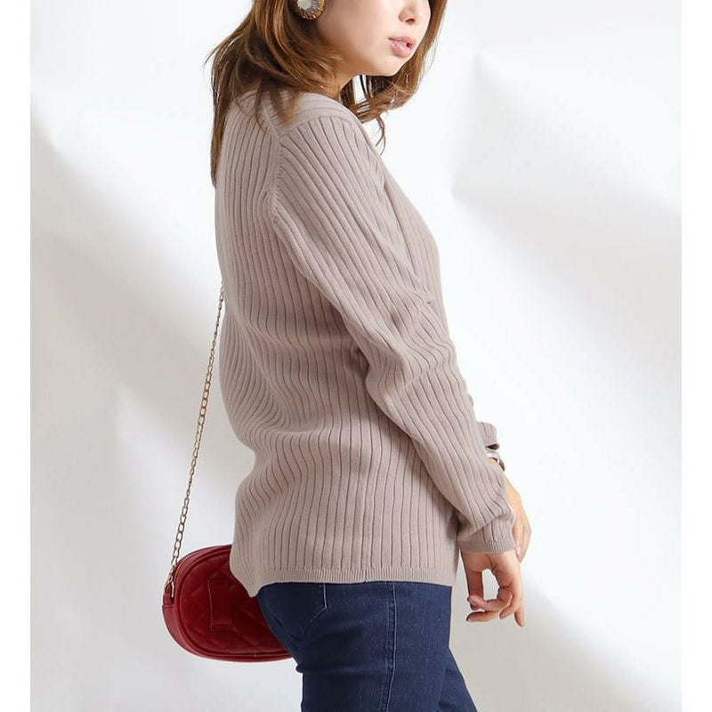 大きいサイズ レディース Vネックリブニット　wn-0114 グレーベージュ