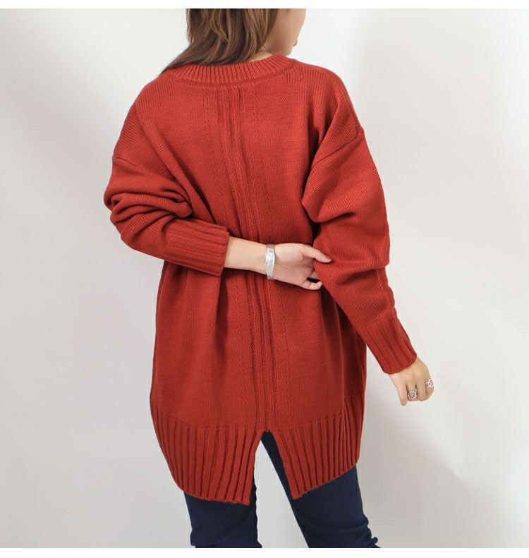 大きいサイズ レディース バックスリット入りVネックリブニット　bro-swnsan03