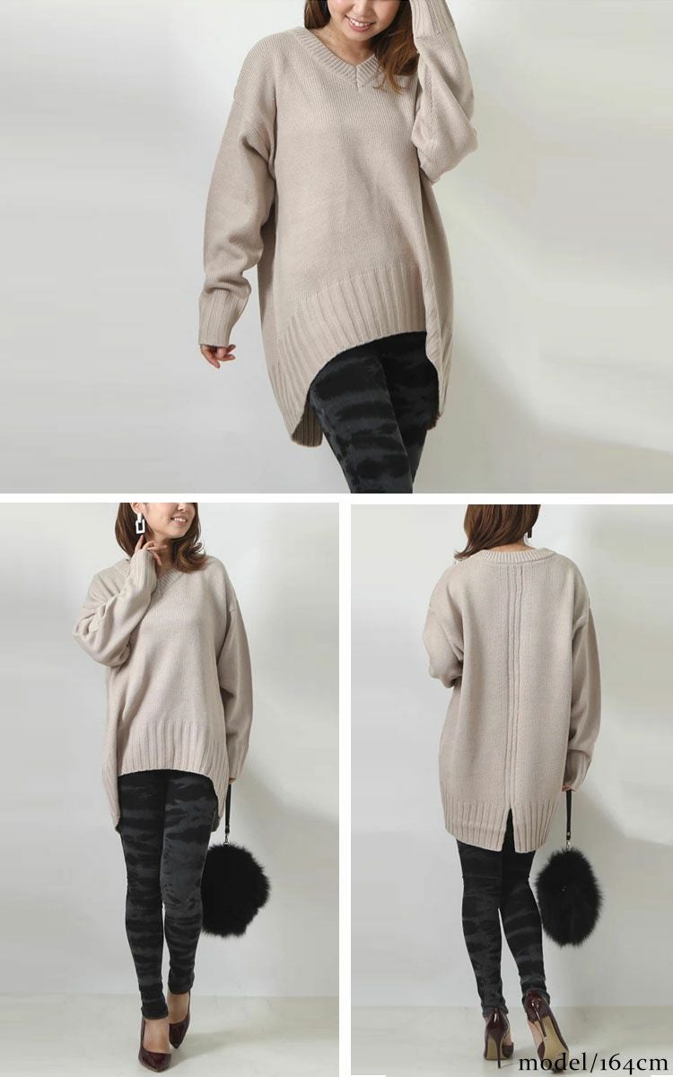 大きいサイズ レディース バックスリット入りVネックリブニット　bro-swnsan03