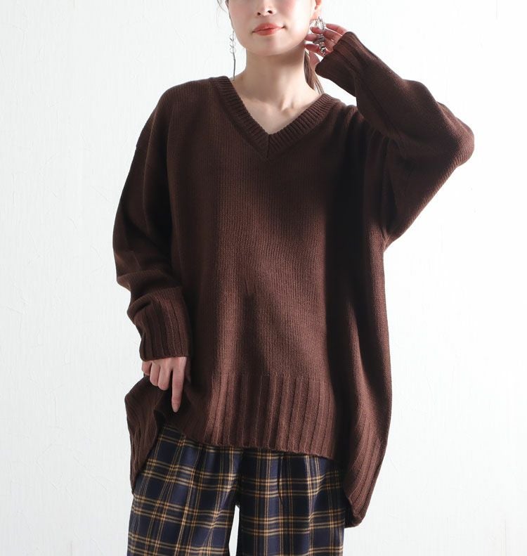 大きいサイズ レディース バックスリット入りVネックリブニット　bro-swnsan03
