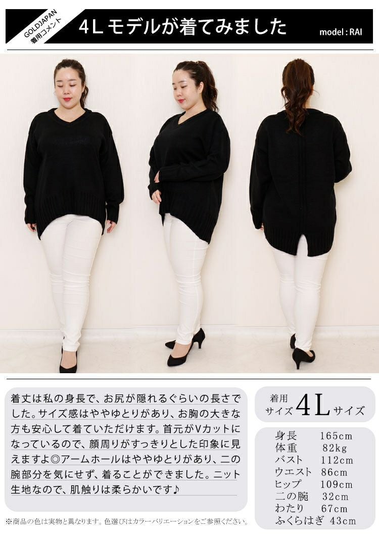 大きいサイズ レディース バックスリット入りVネックリブニット　bro-swnsan03