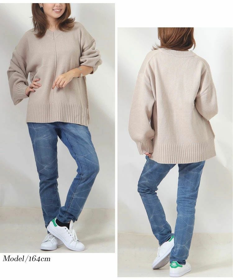 大きいサイズ レディース アウトリンキングVネックニット　bro-swnsan02