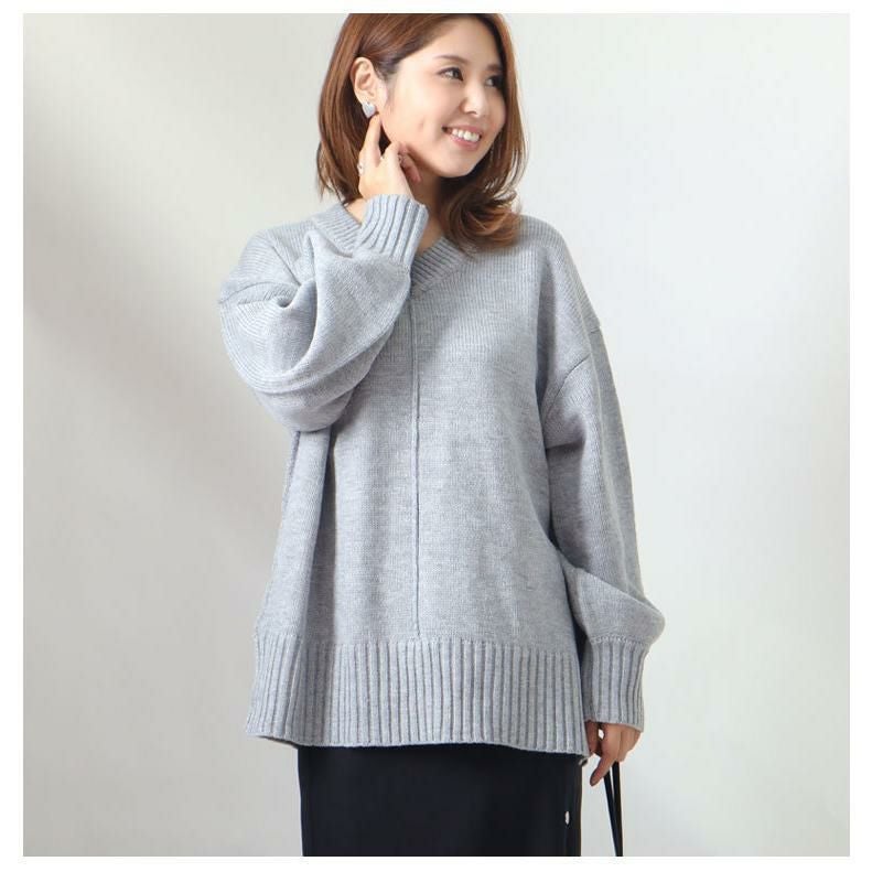 大きいサイズ レディース アウトリンキングVネックニット　bro-swnsan02 グレー