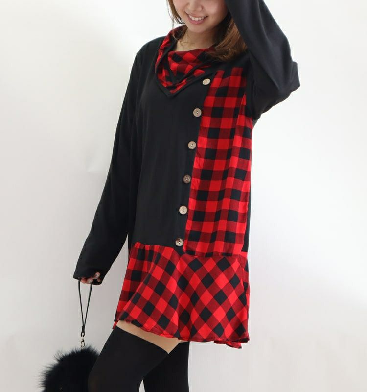 大きいサイズ レディース チェック柄チュニックワンピース　goldy-785 【メール便可】