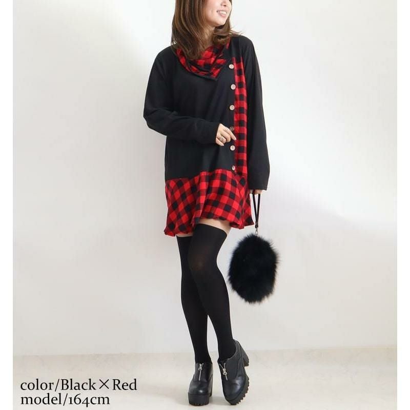 大きいサイズ レディース チェック柄チュニックワンピース　goldy-785 【メール便可】 レッドxブラック
