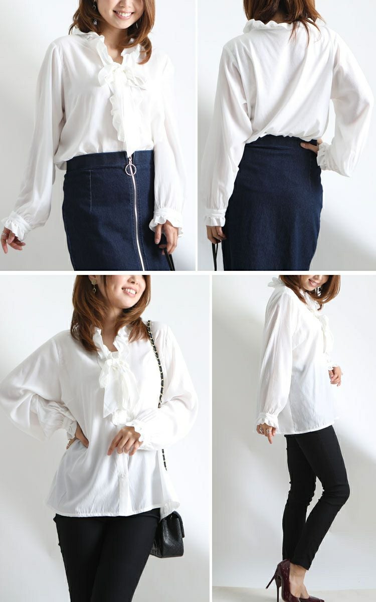 大きいサイズ レディース ストレッチカットソー切替えリボンタイフリルブラウス　fem-200