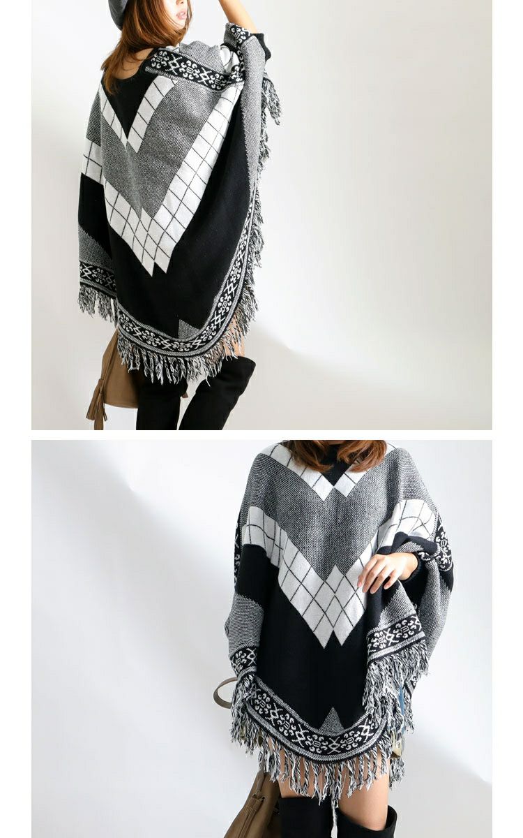 大きいサイズ レディース フリンジニットポンチョ　nhtb-210623