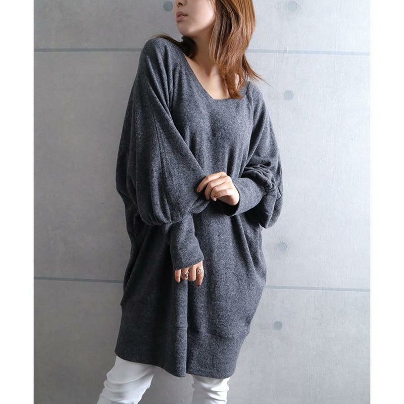 大きいサイズ レディース 起毛ニットドルマンチュニック　kt-41102 チャコール