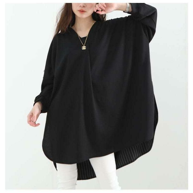 大きいサイズ レディース ストライプ切替えプルオーバー　bai-0085 ブラック