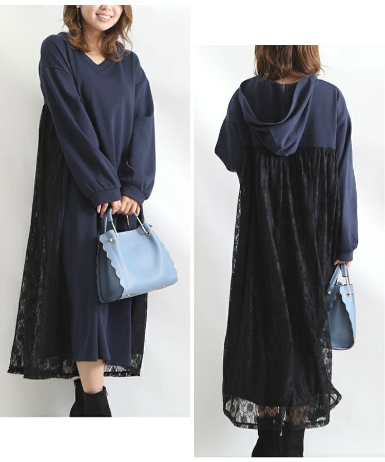 大きいサイズ レディース バックレースパーカーロングワンピース　bai-0081