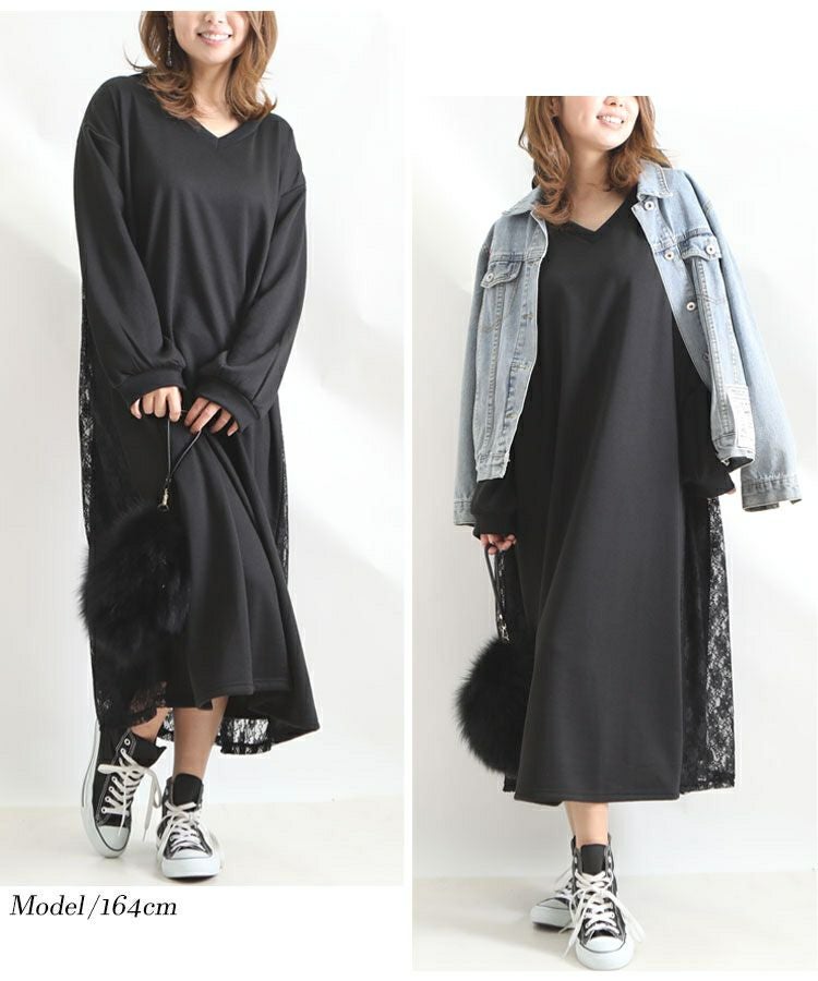 大きいサイズ レディース バックレースパーカーロングワンピース　bai-0081