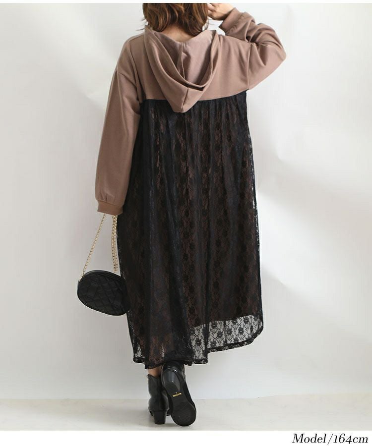 大きいサイズ レディース バックレースパーカーロングワンピース　bai-0081