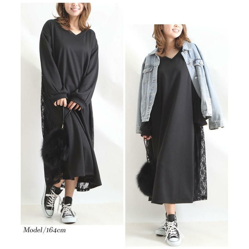 大きいサイズ レディース バックレースパーカーロングワンピース　bai-0081 ブラック