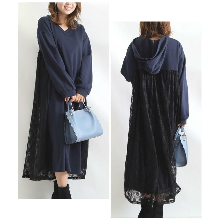 大きいサイズ レディース バックレースパーカーロングワンピース　bai-0081 ネイビー
