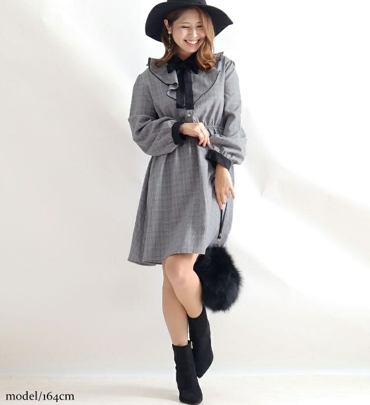 大きいサイズ レディース チェック柄ラッフルフリルワンピース　maru-35587