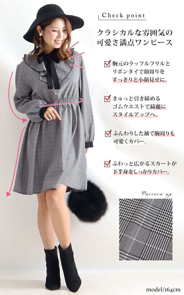 大きいサイズ レディース チェック柄ラッフルフリルワンピース　maru-35587