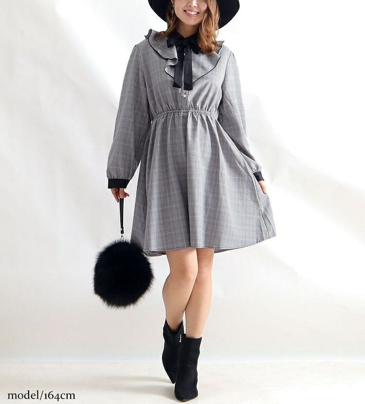 大きいサイズ レディース チェック柄ラッフルフリルワンピース　maru-35587